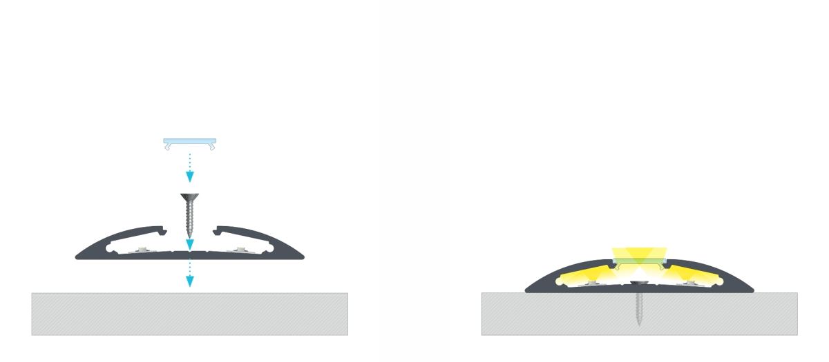 Montaż profilu RETO Lumines z kloszem BASIC za pomocą wkrętu montażowego.